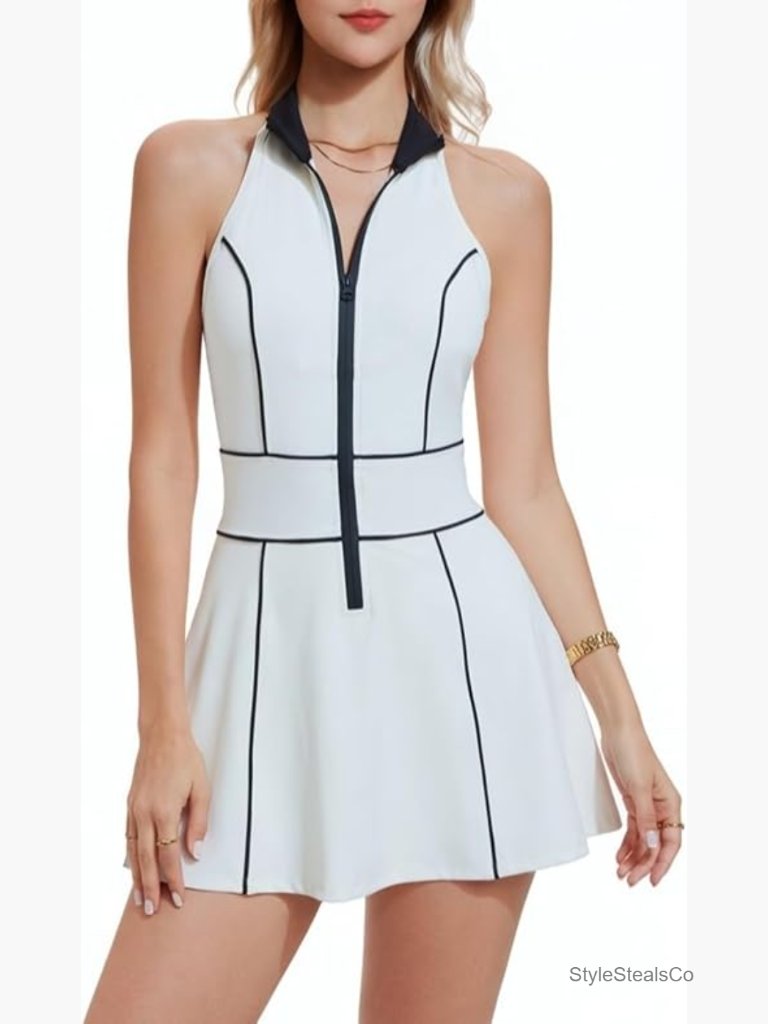 Half Zip Tennis Dress With Built-In Shorts & Pockets Racerback